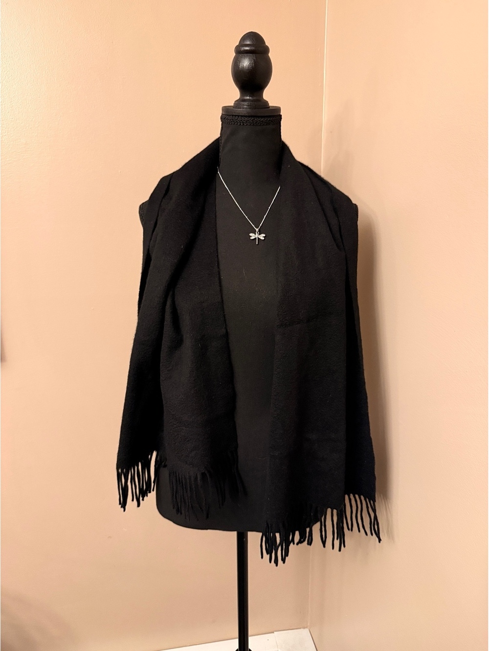 Lands' End Black Fine 100% 1 Ply Cashmere Scarf with Fringe
